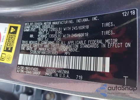 2019 Toyota Highlander Le Plus z USA, uszkodzony, nr VIN 5TDBZRFH6KS953683